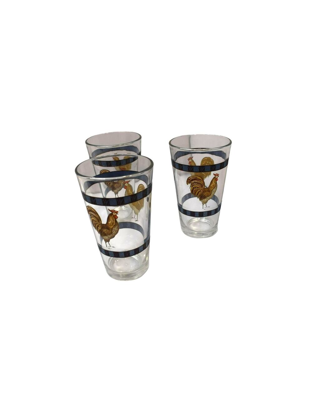 Chicken Drinking Glasses, Vtg Libbey Blue Checkered Design Set of 3